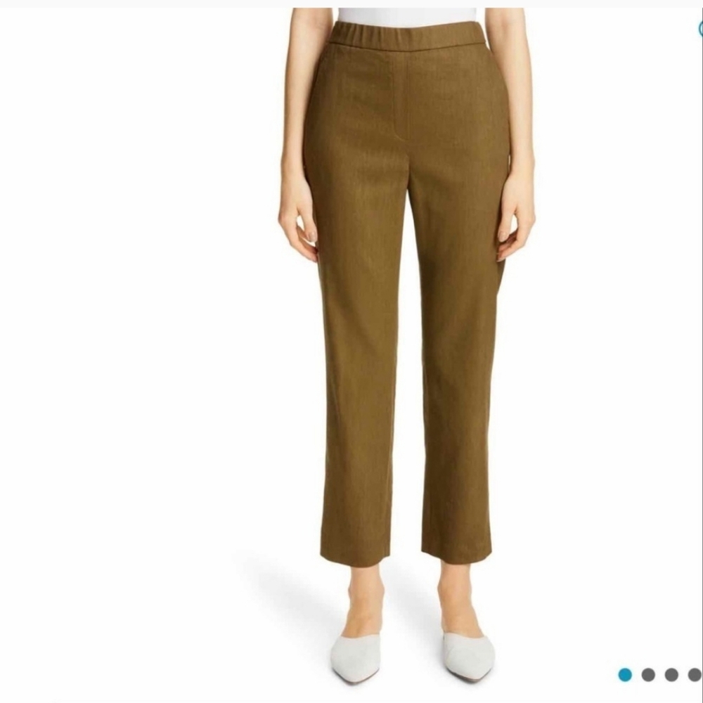 St John Linen Blend Twill Pants Olive Green Elastic Waist size Large
